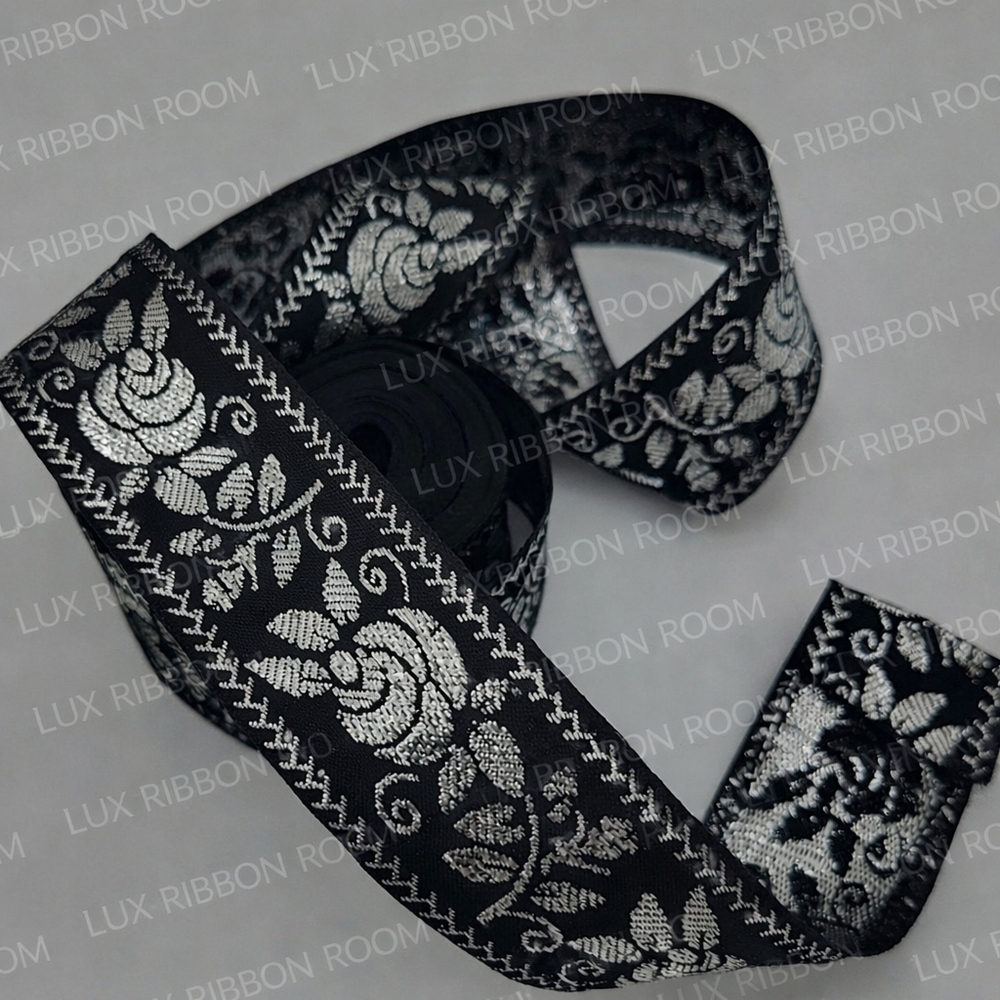 Vintage Japanese Black Silver Rose Jacquard Ribbon 1.25 Luxury Trim Two (2) Yard - Picture 1 of 5